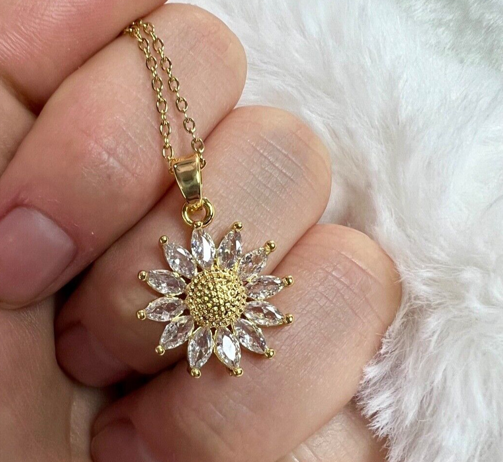 Sunflower Cubic Zirconia Pendant Necklace 18K Gold Plated SS Valentines