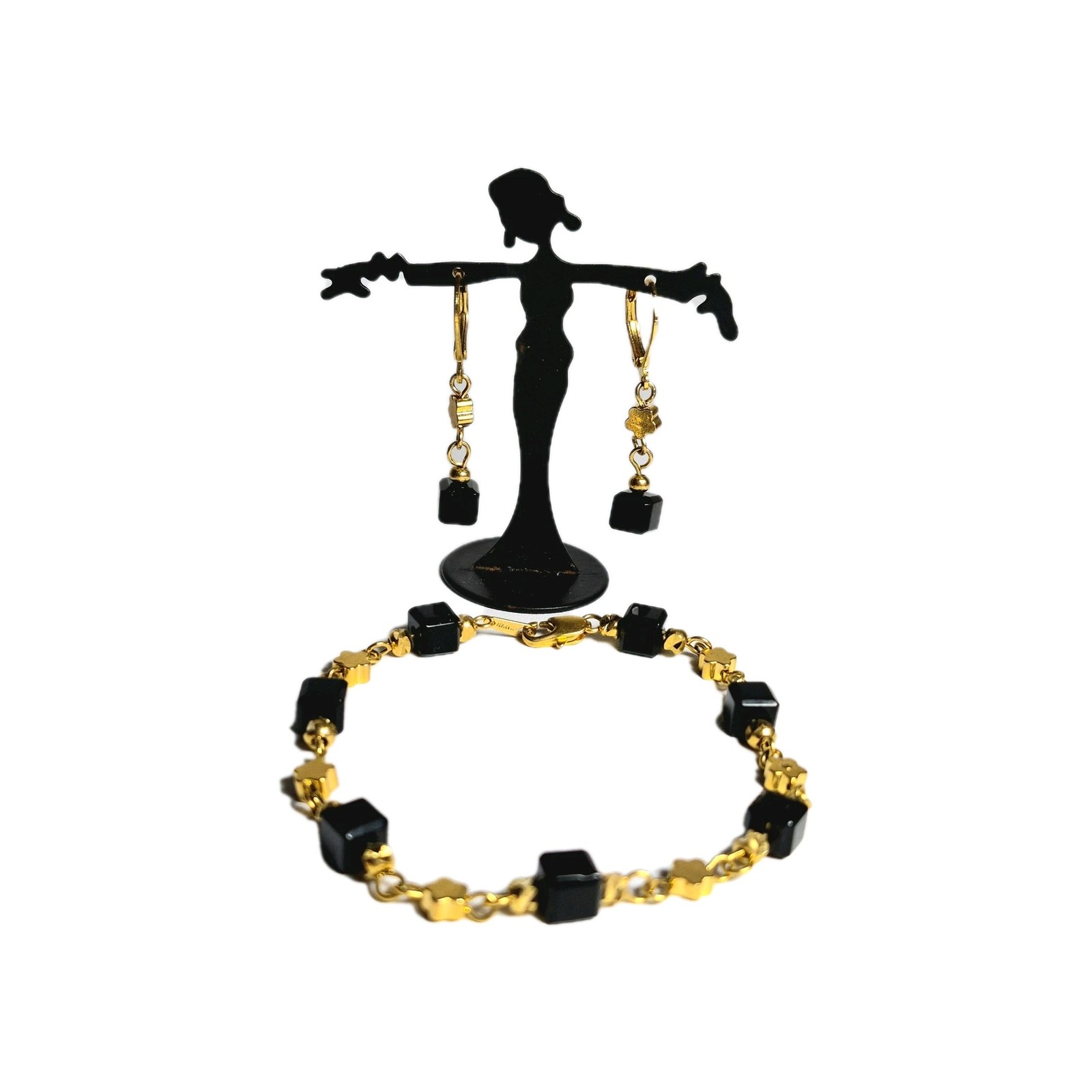 18KGP Gold Plated Black Cube Bead Flower Charm Bracelet and Earrings Set Womens