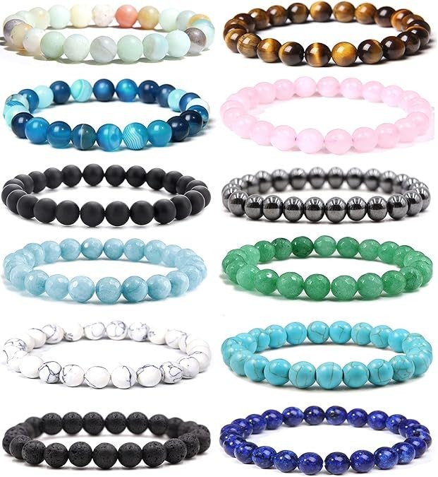 12Pcs Natural Stone Beaded Bracelets for Women Men Semi-Precious Gemstones Brace
