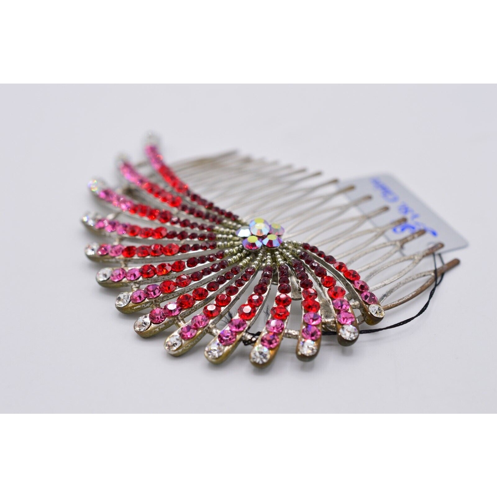 St. Clair Vintage Red Rhinestone Crystal Hair Pin Comb Aurora Borealis Pink