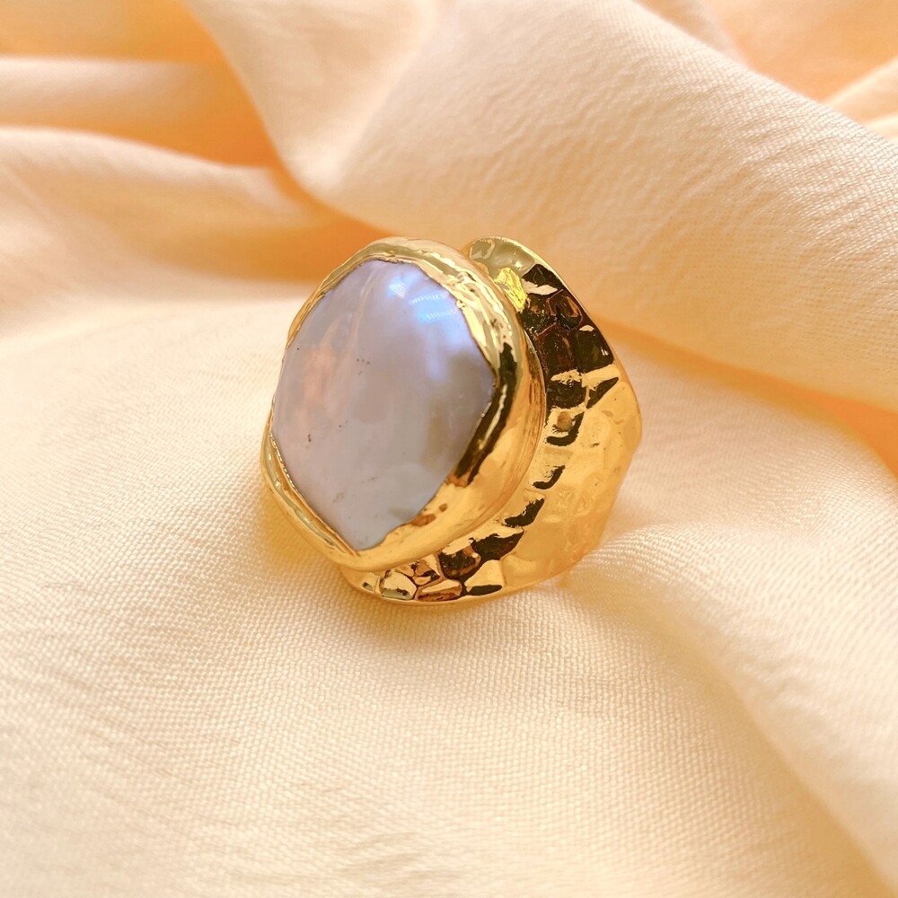 Cultured White Baroque Pearl Gold Plated Finger Ring Adjustable Rings For Women