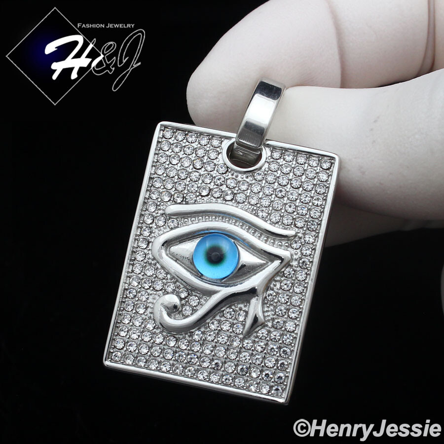 MEN’s Stainless Steel Silver Icy Bling CZ Blue Eye Dog Tag Pendant*P136