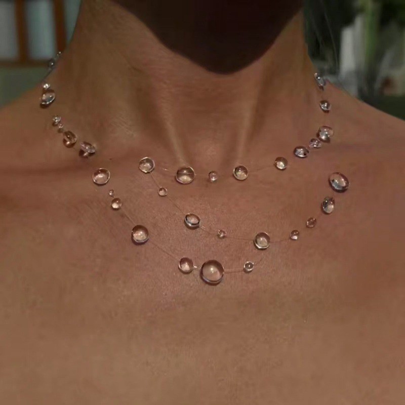 Clear Dew Drop Necklace Simple Lariat Chain Minimalist Glass Pendant Choker