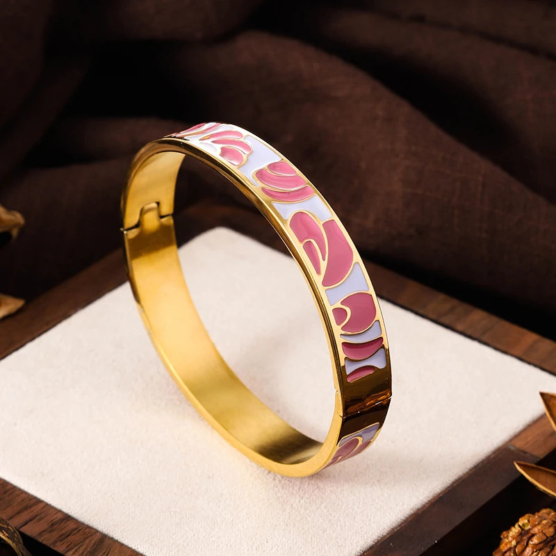 Stainless Steel Enamel Cuff Bangle Women Gold Tone Geometric Round Jewelry