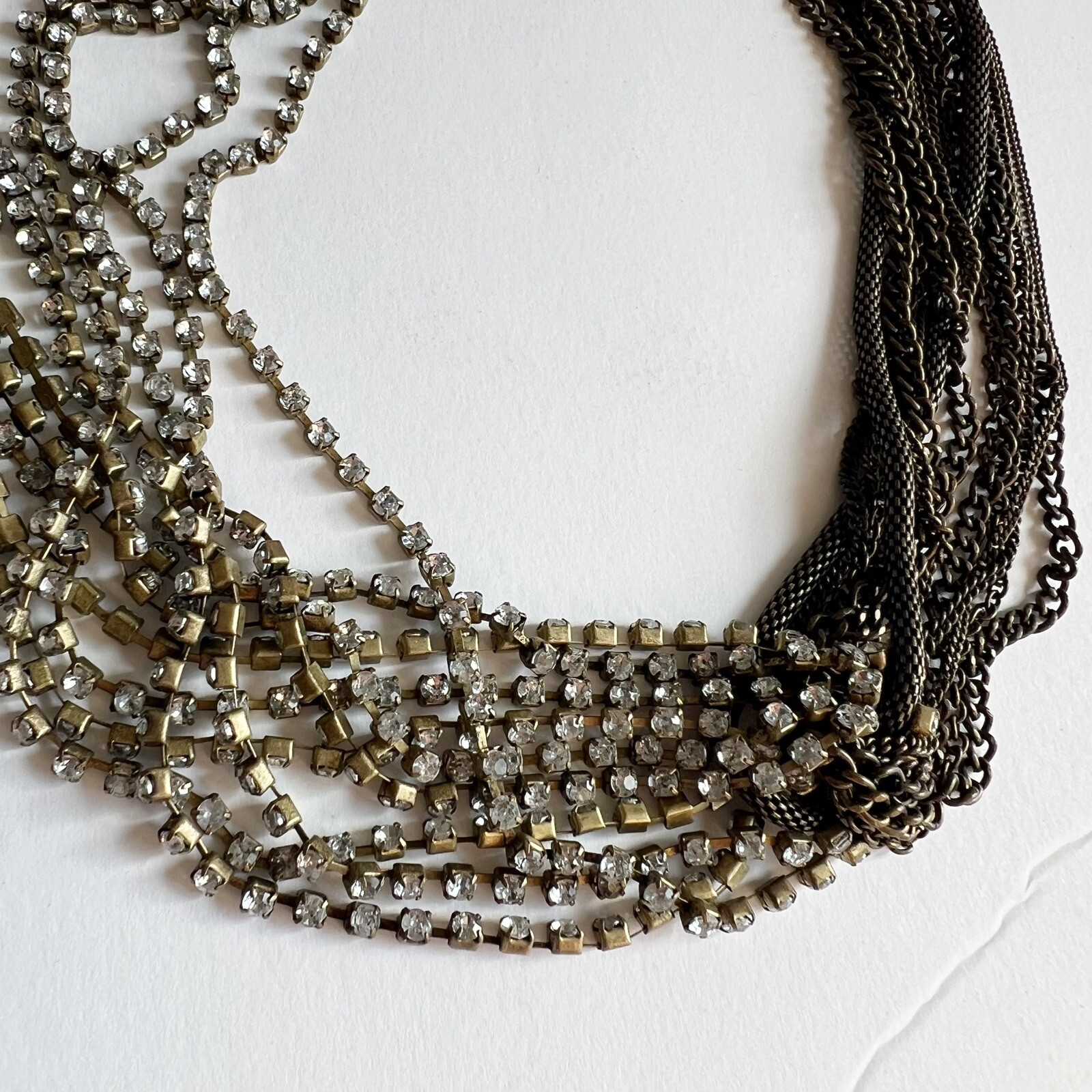 Multi layer chain rhinestone statement necklace brass gold
