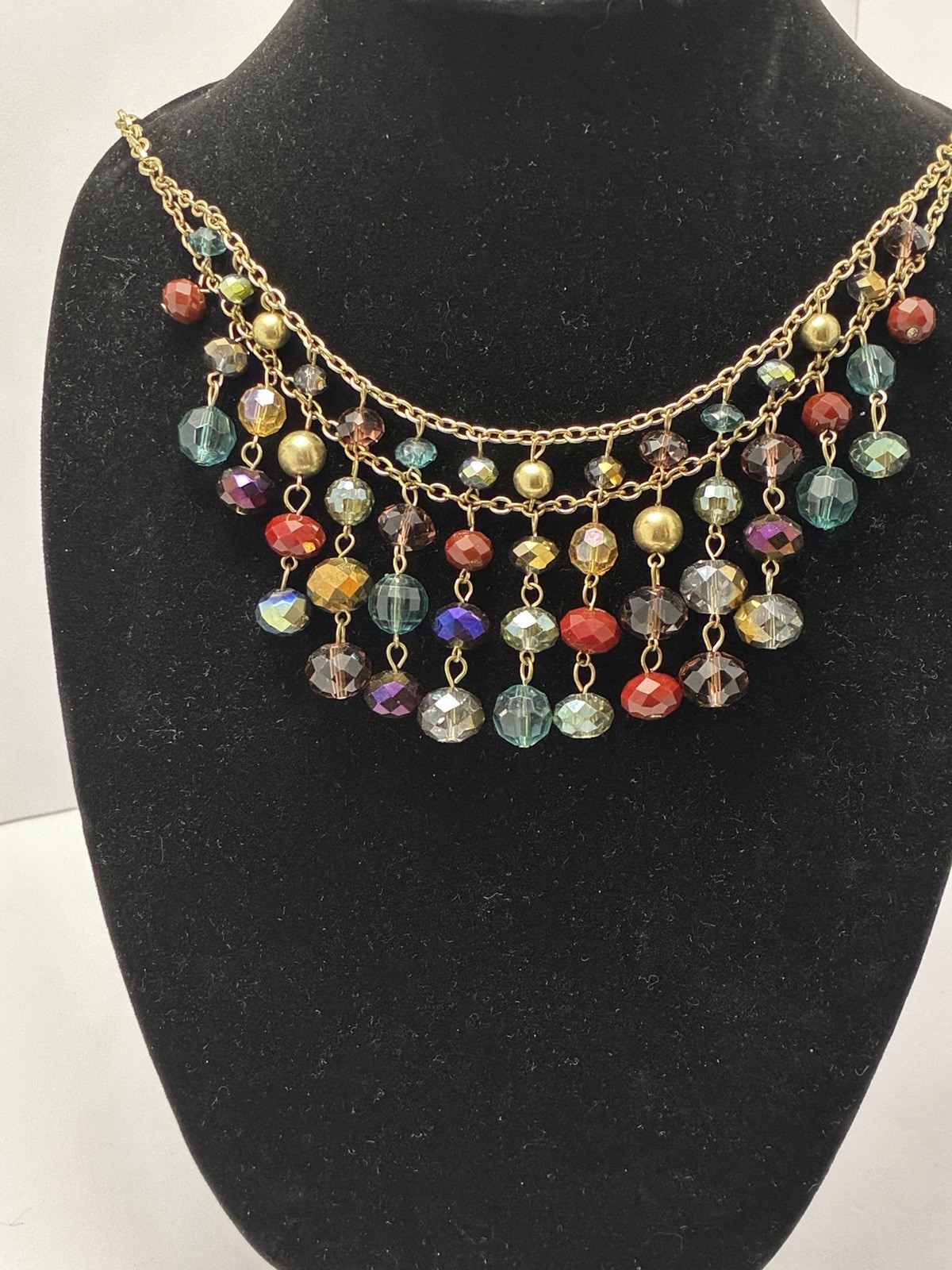 Jules Signed Gold Tone Layered Statement Necklace Multicolor Glass Beads Adj