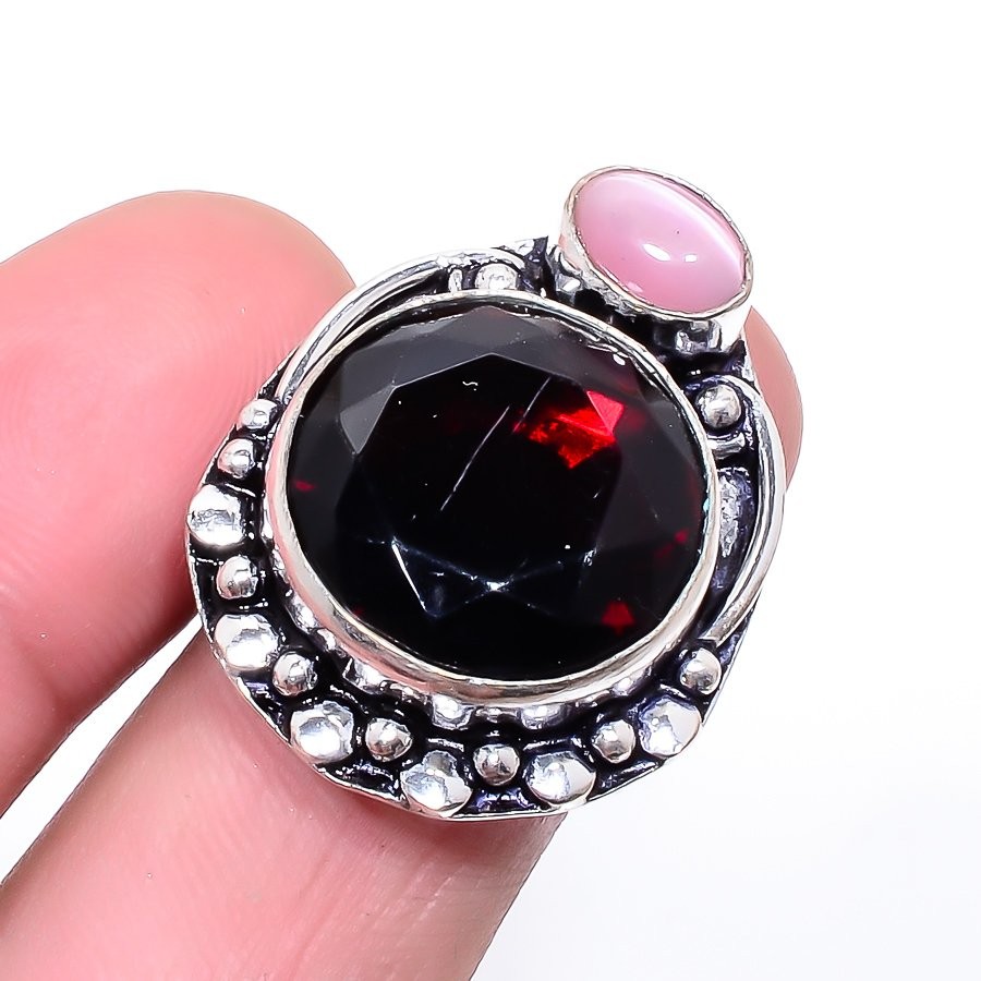Mozambique Garnet & Cat’S Eye Gemstone 925 Silver Plated Ring s.6.5 T2770