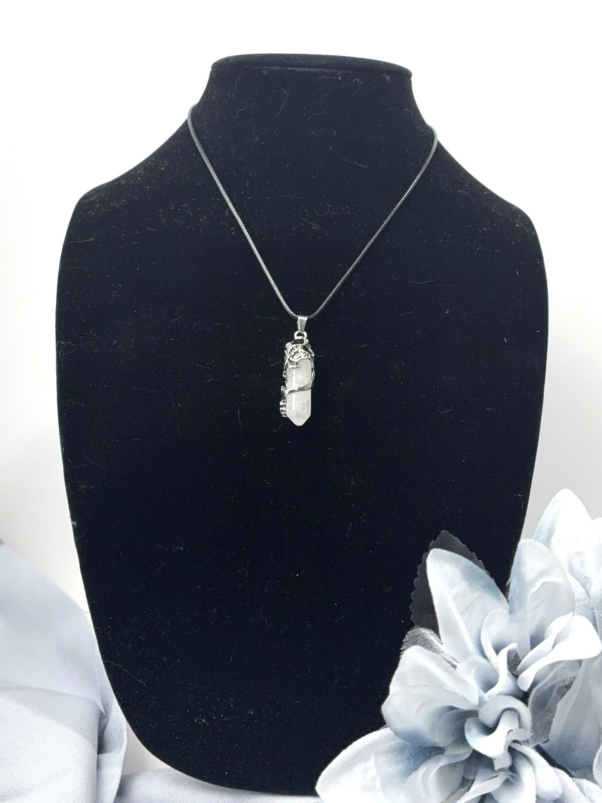 Hexagonal Column Shaped Wrapped Flowers Natural Stone Pendants with Black Cord