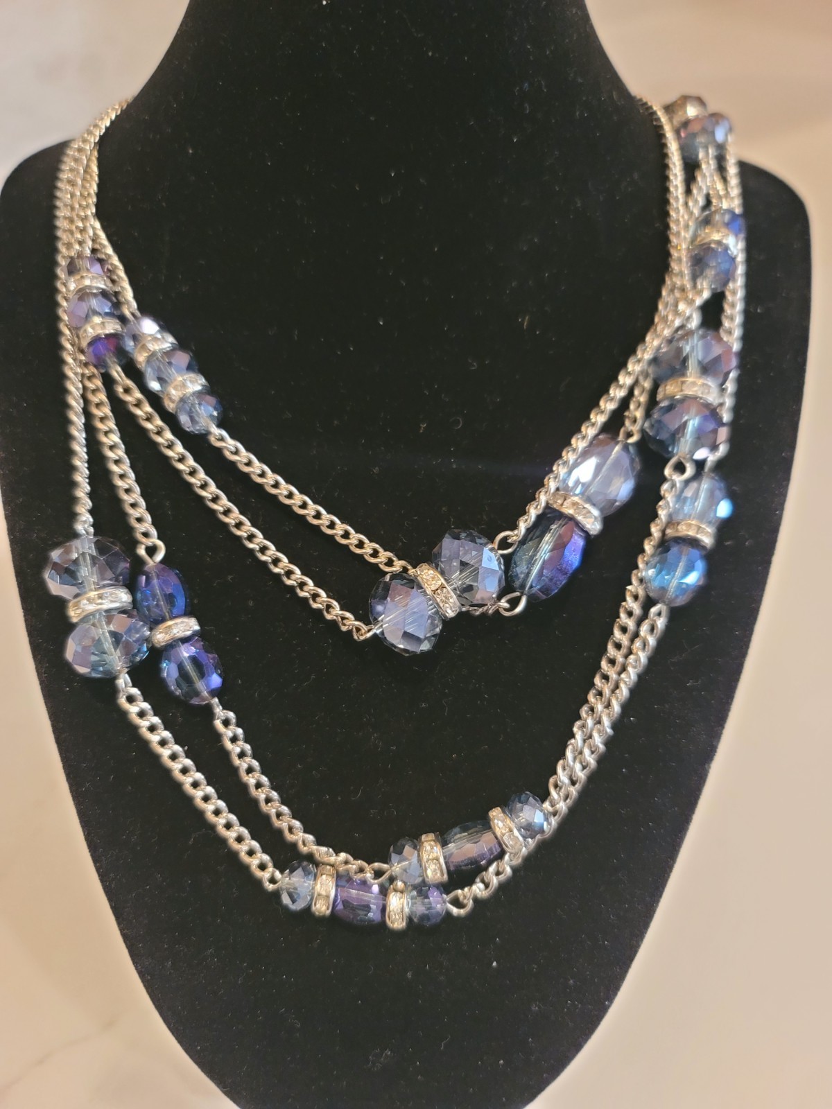 Blue Gray Crystal Double Strand Necklace 44″ Long Silver Tone Beaded