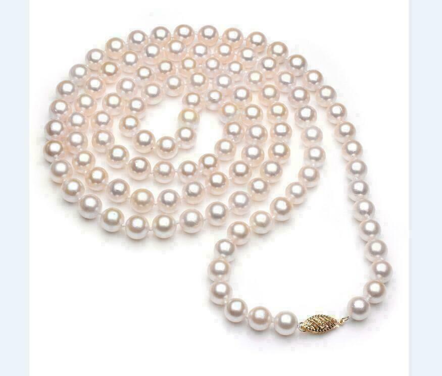 7-8mm AAAAA Perfect Akoya White Pearl Necklace with 36 inch 14k Gold Buckle