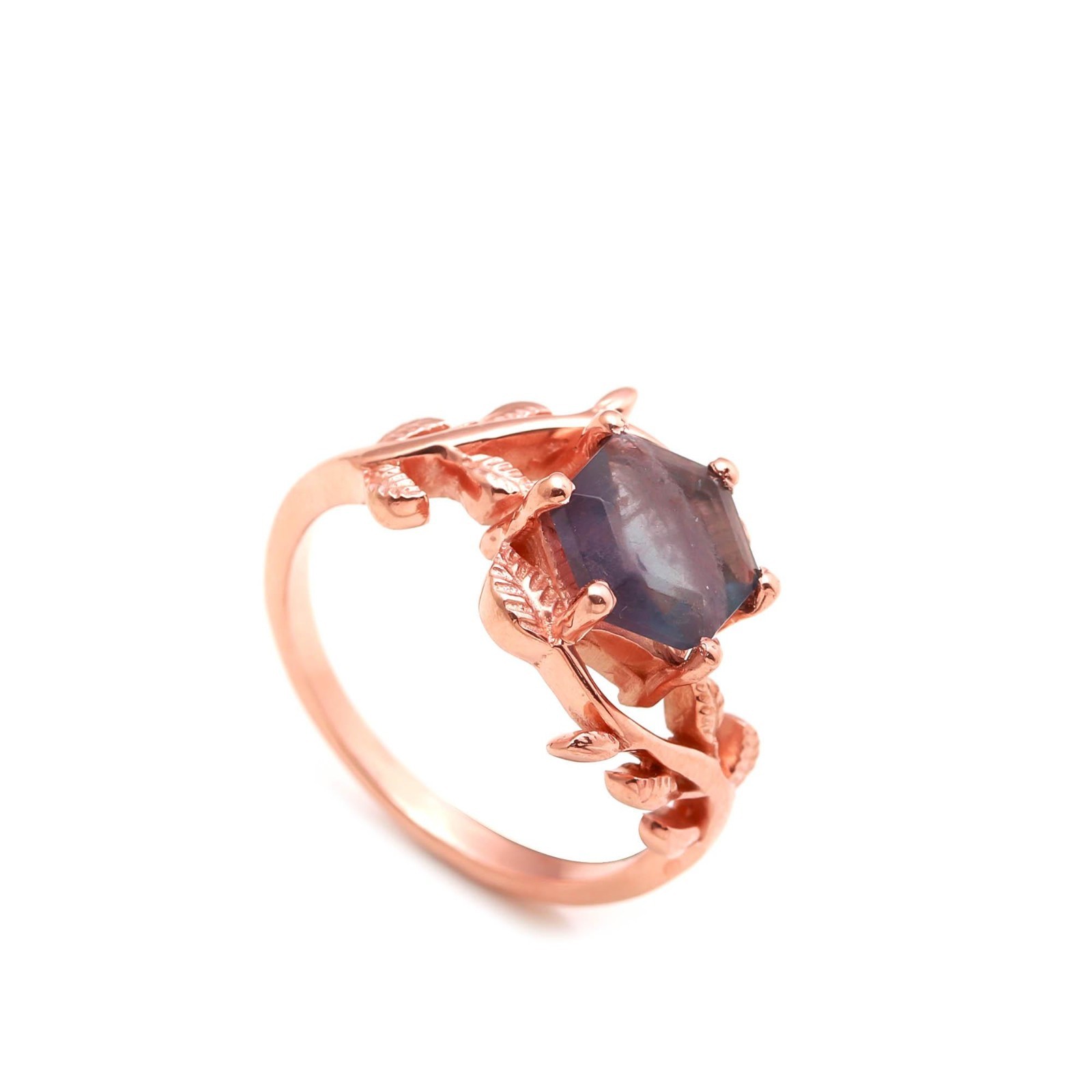 Natural Fluorite Hexagon Leaf Ring Rose Gold Filled 925 Sterling Silver Jewelry