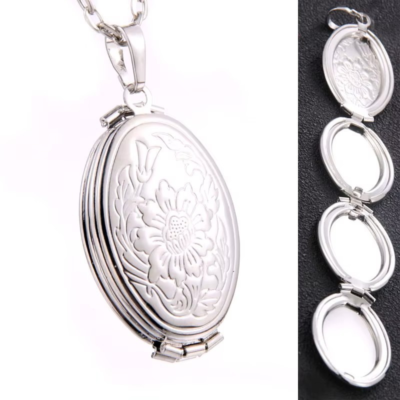 Silver Multi Photo Locket Necklace Expandable Family Memory Keepsake Pendant Gif