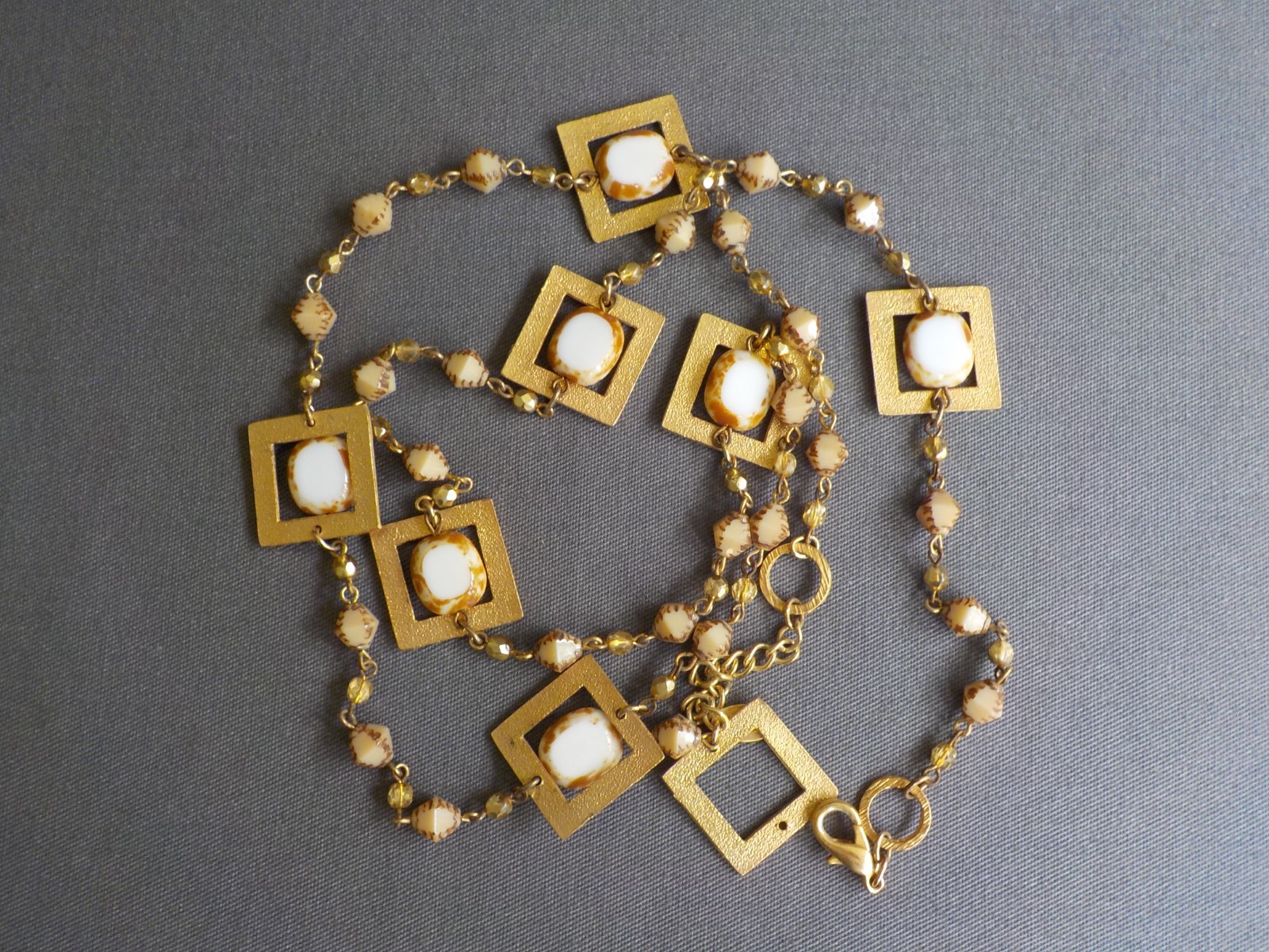 Seasonal Whispers Square Necklace Gold Tone Metal Glass Plastic Bead Linked