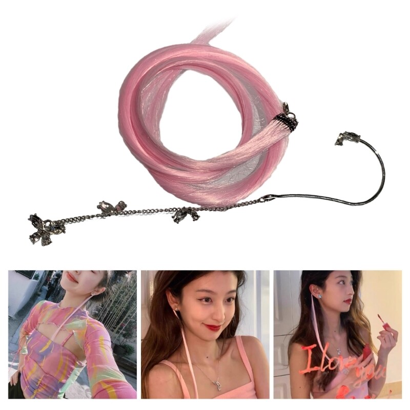 Fashion Pink Long Hair Ear Hook Cute Girl Wigs Dyeing Ear Pendant with Long Hair