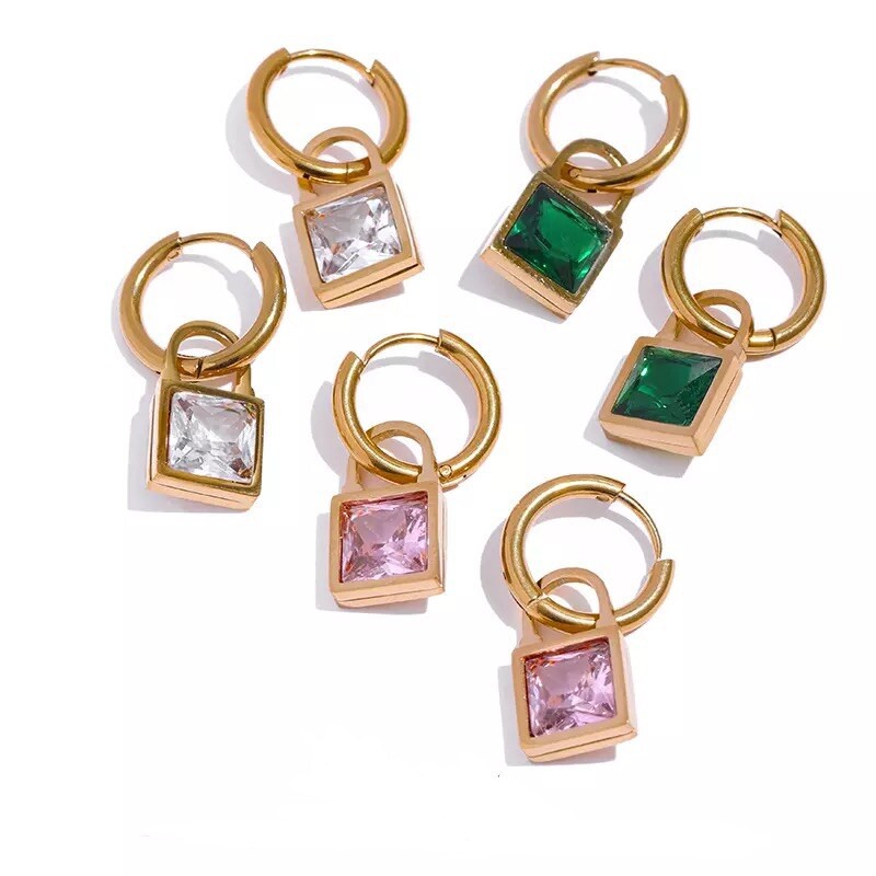 18K Gold Plated Square Cubic Zirconia Crystal Dangle Drop Earrings Huggie E10