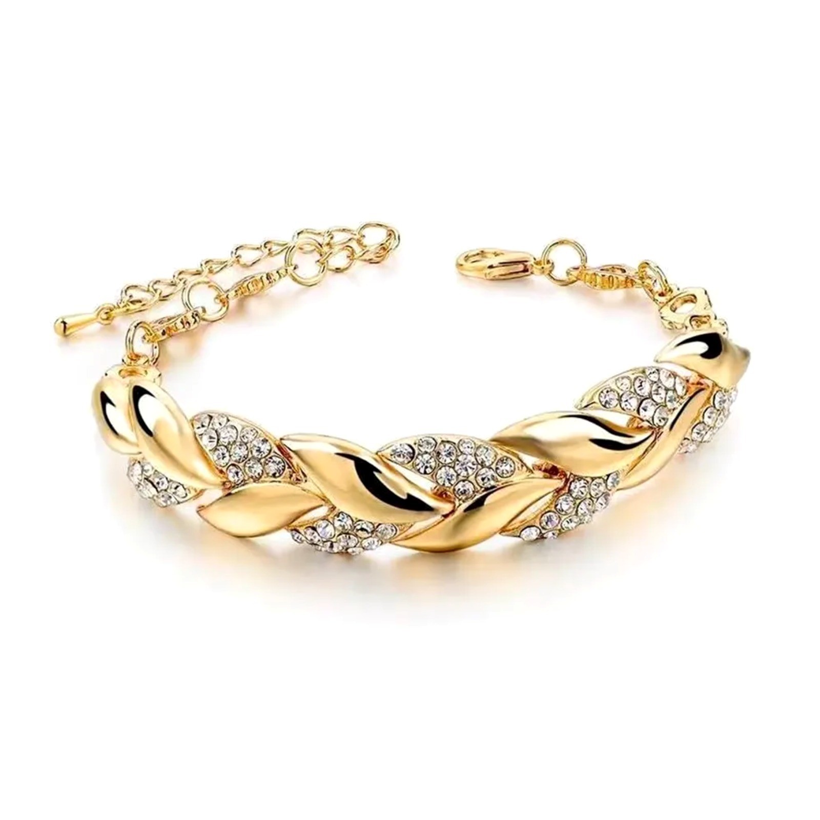 Braided Leaf Charm Bracelet Crystal Accent Gold Tone Womens Gift