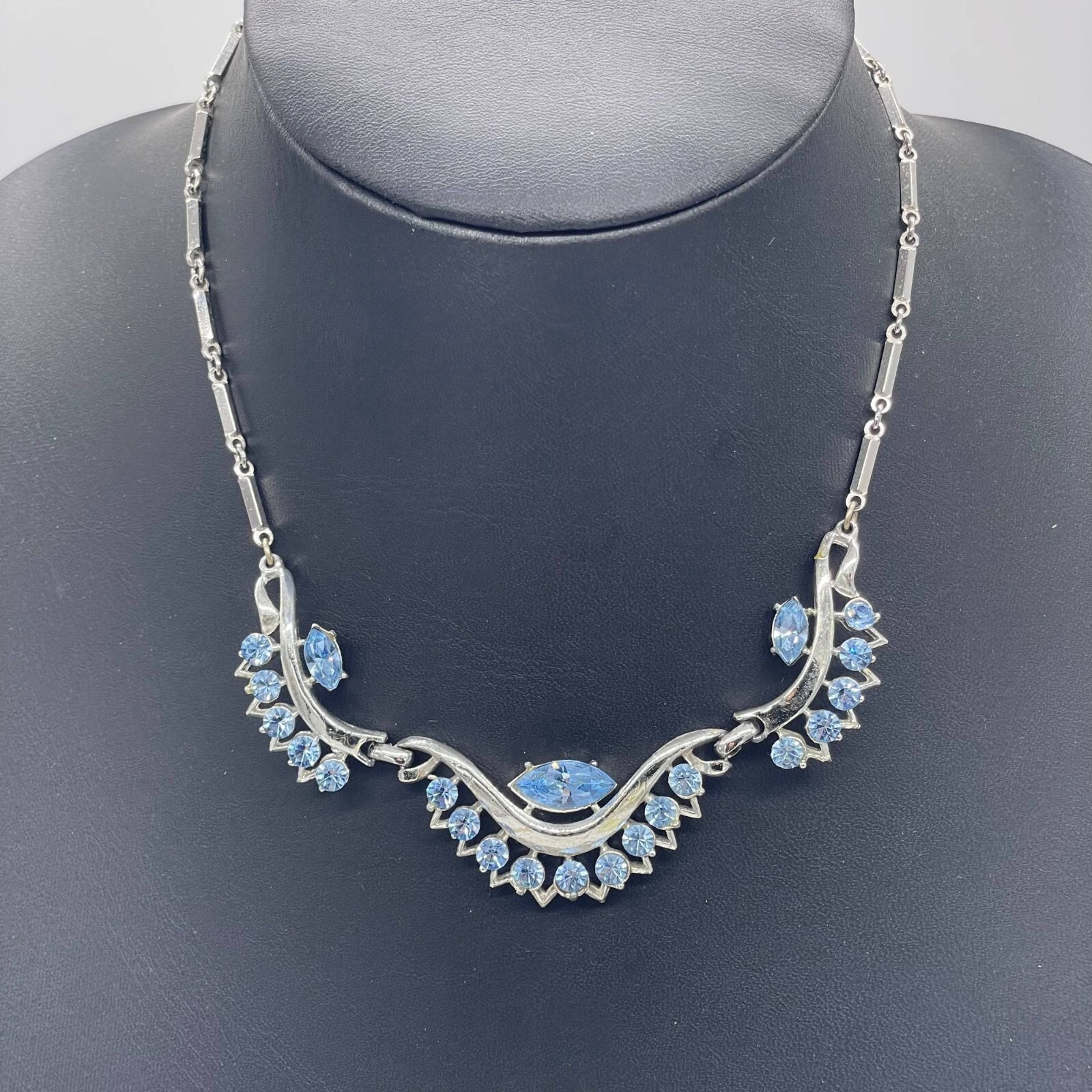 Blue Rhinestone Crystal Chain Necklace 14 to 17 Inches Hook Closure Silver Tone