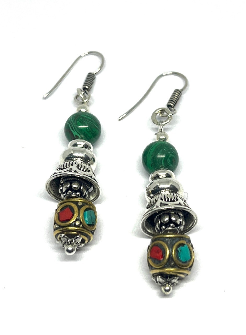 Turquoise Coral Malachite Gemstone Tibetan Handmade Earring Jewelry, 1.8 Inch