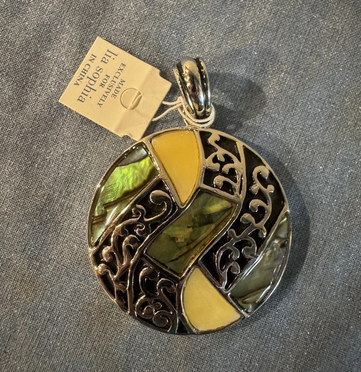 Lia Sophia Round Pendant Charm Silver Tone Shell Inlay Green Yellow Signed