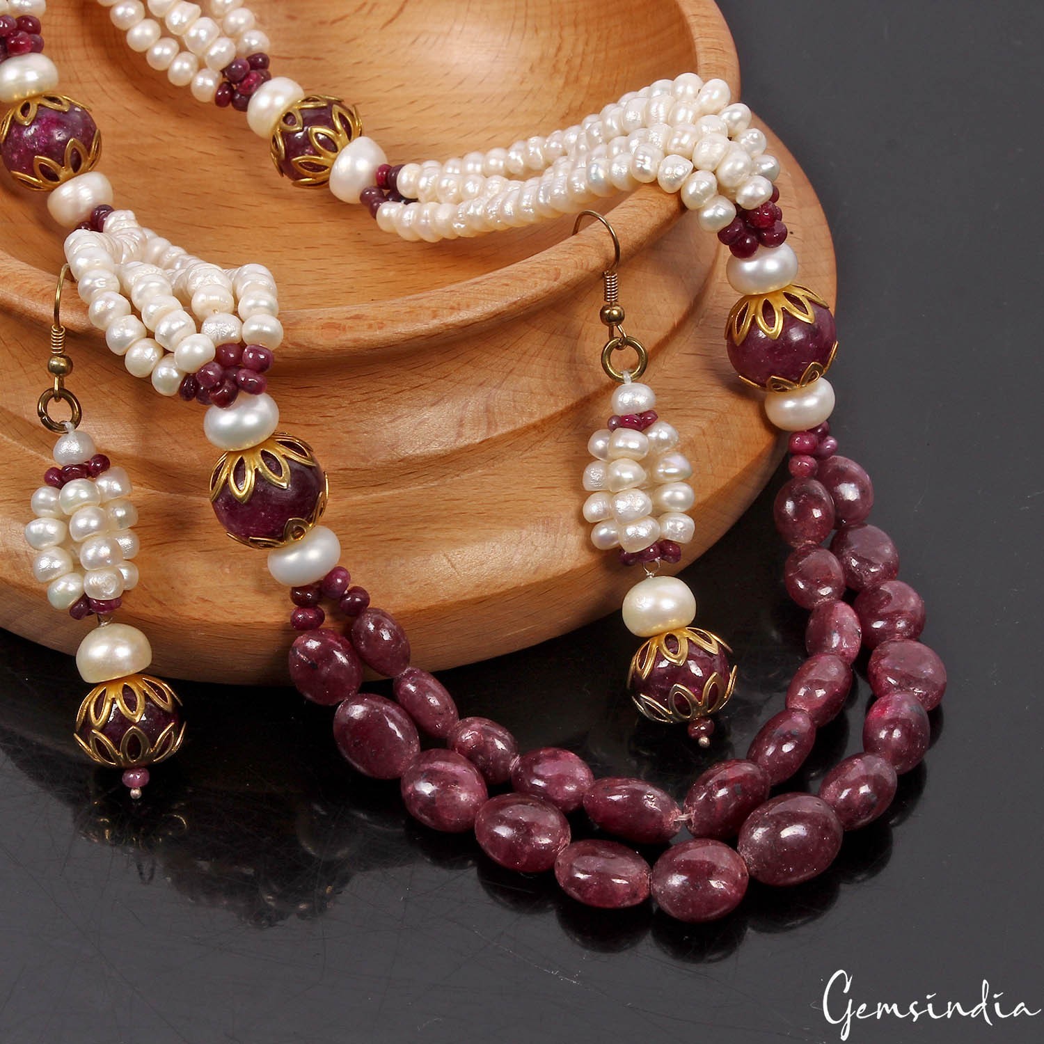 Handmade Natural Ruby Pearl Round Cabochon Gemstone Beaded Necklace Earrings~22″