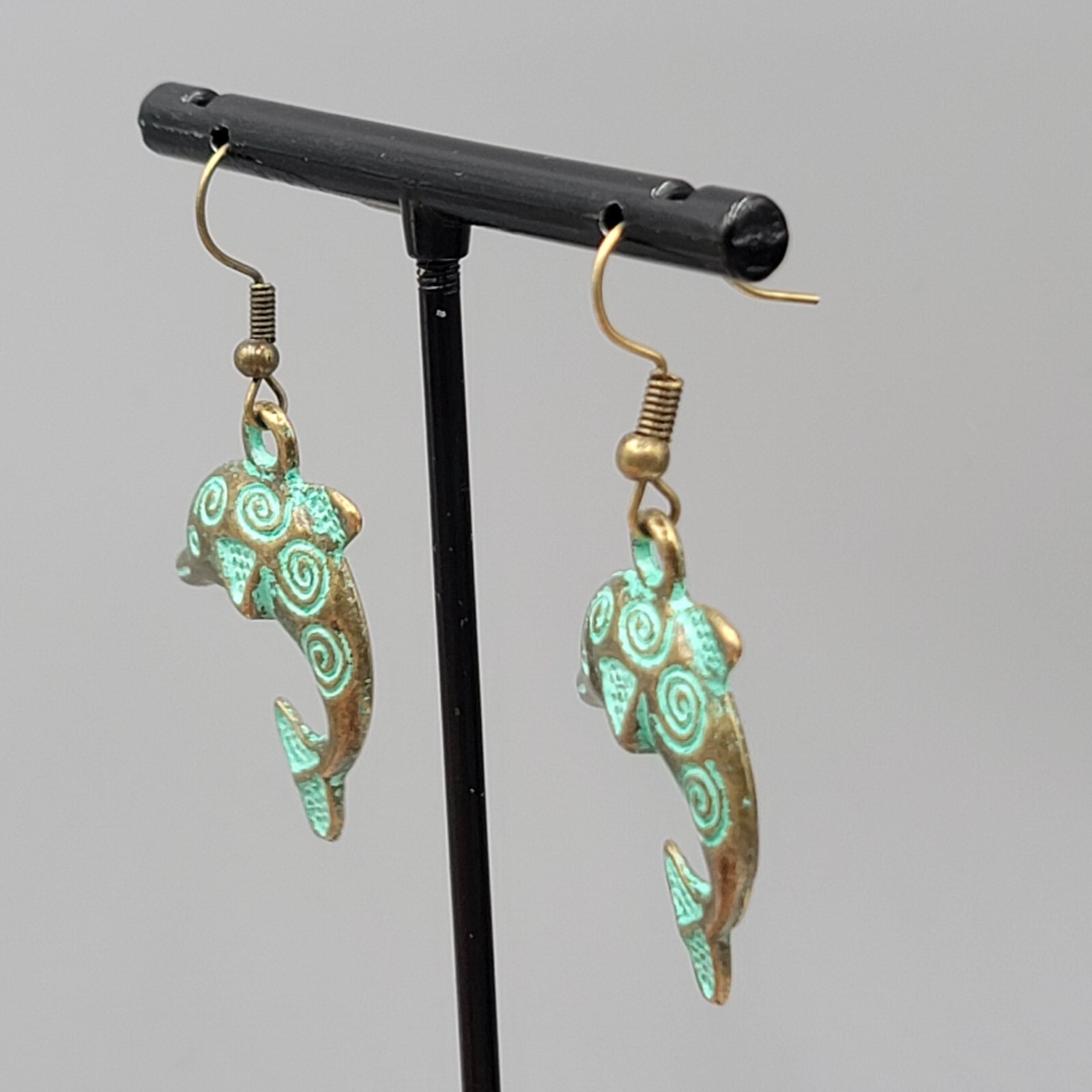 Dolphin Beach Sea life Pierced Earrings Bronze tone Green wash Dangle 1.25″