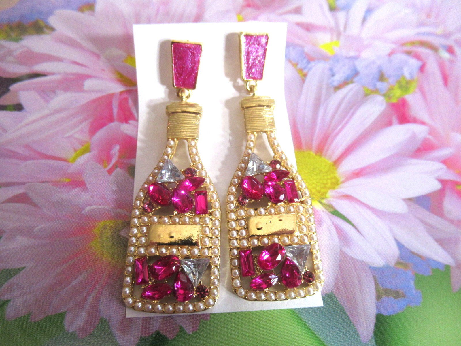 2.50″ POPPED CORK CHAMPAGNE BOTTLE & CHAMPAGNE GLASS RHINESTONE PEARL EARRINGS