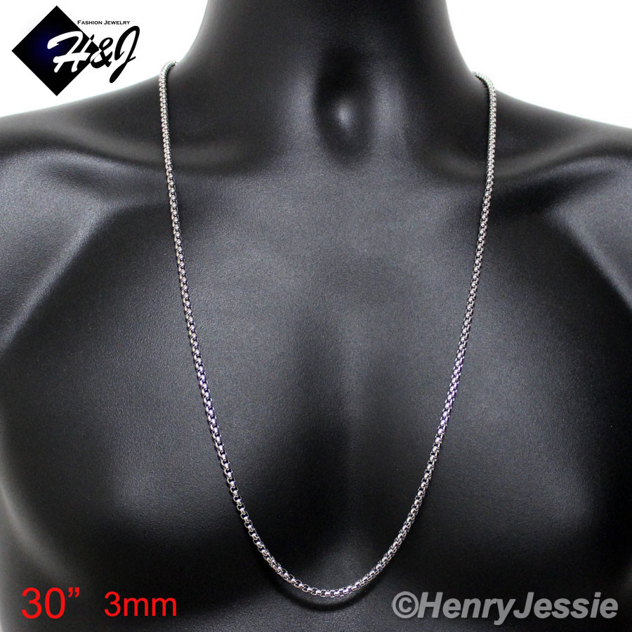 16″-36″Men’s Women’s Stainless Steel 3mm Silver Smooth Box Link Chain Necklace