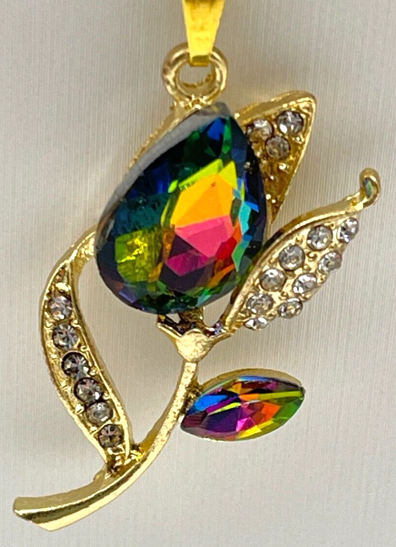 Necklace Gold Tone Mystic Topaz Tulip with Clear Crystal Leaf Accents