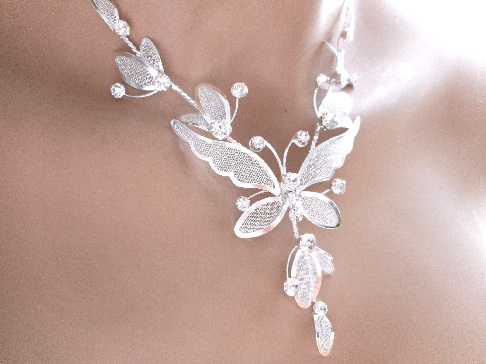 Butterfly Mesh Crystal Butterfly Women’s Necklace Set Light Silver Plated