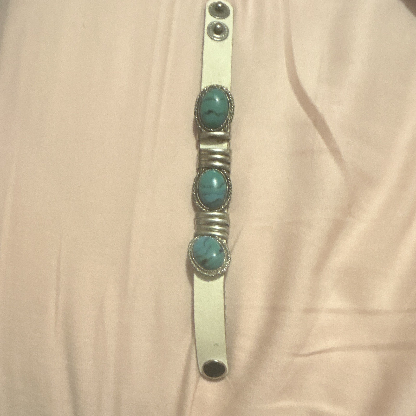 Turquoise 3 Oval Stone Leather Snap Cuff Bracelet, Silver Tone, Bohemian