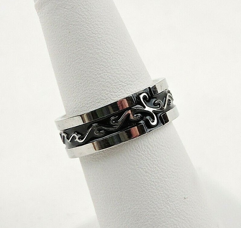 Stainless Steel Black Enamel Swirls Comfort Fit Band Ring – Free Gift Packaging