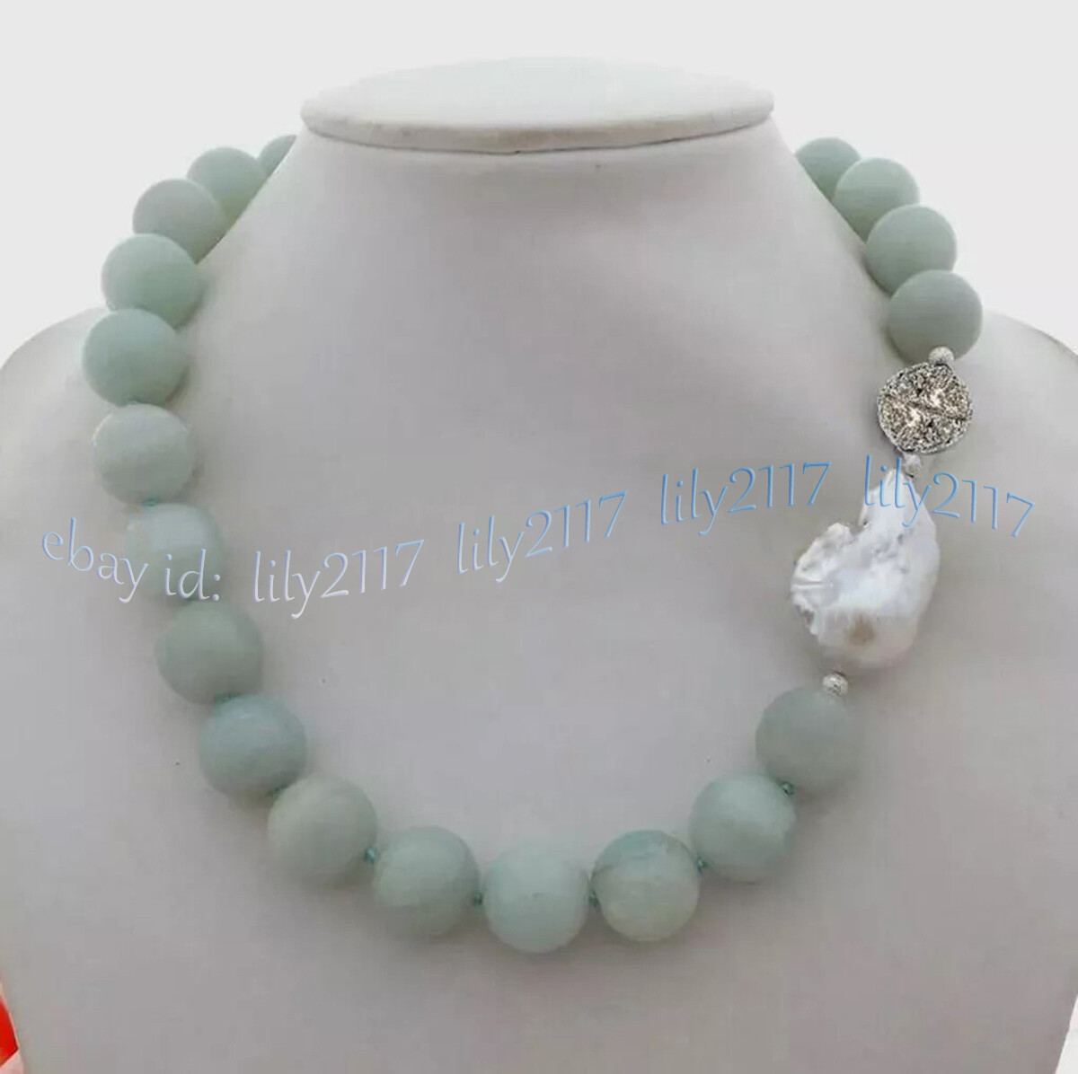 6-14mm Natural Amazonite Round Gemstone Beads White Keshi Baroque Pearl Necklace