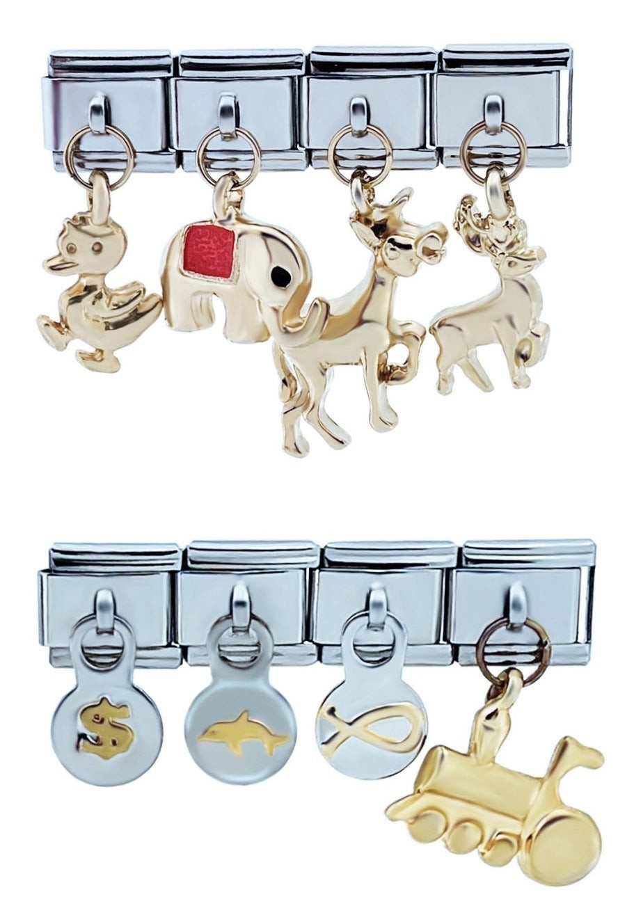 9mm Italian Charms Assorted Gold Dangles Elephant Reindeer Dolphin Money Symbol