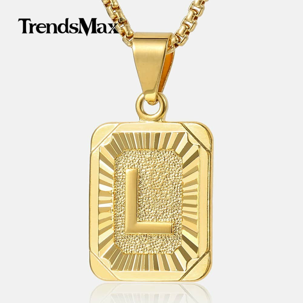 14K Gold Plated Rectangle Letter A-Z Pendant Necklaces (Curb/Box Chains+Charm)