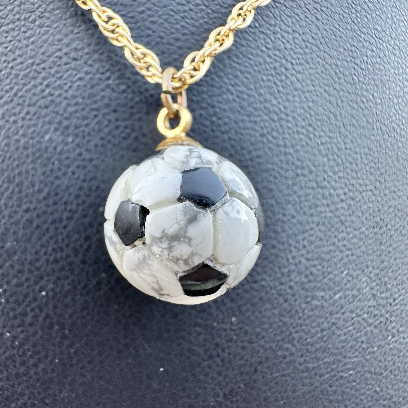 Soccer Ball Necklace Stone Carved Gold Tone Chain World Cup Style Pendant 18”