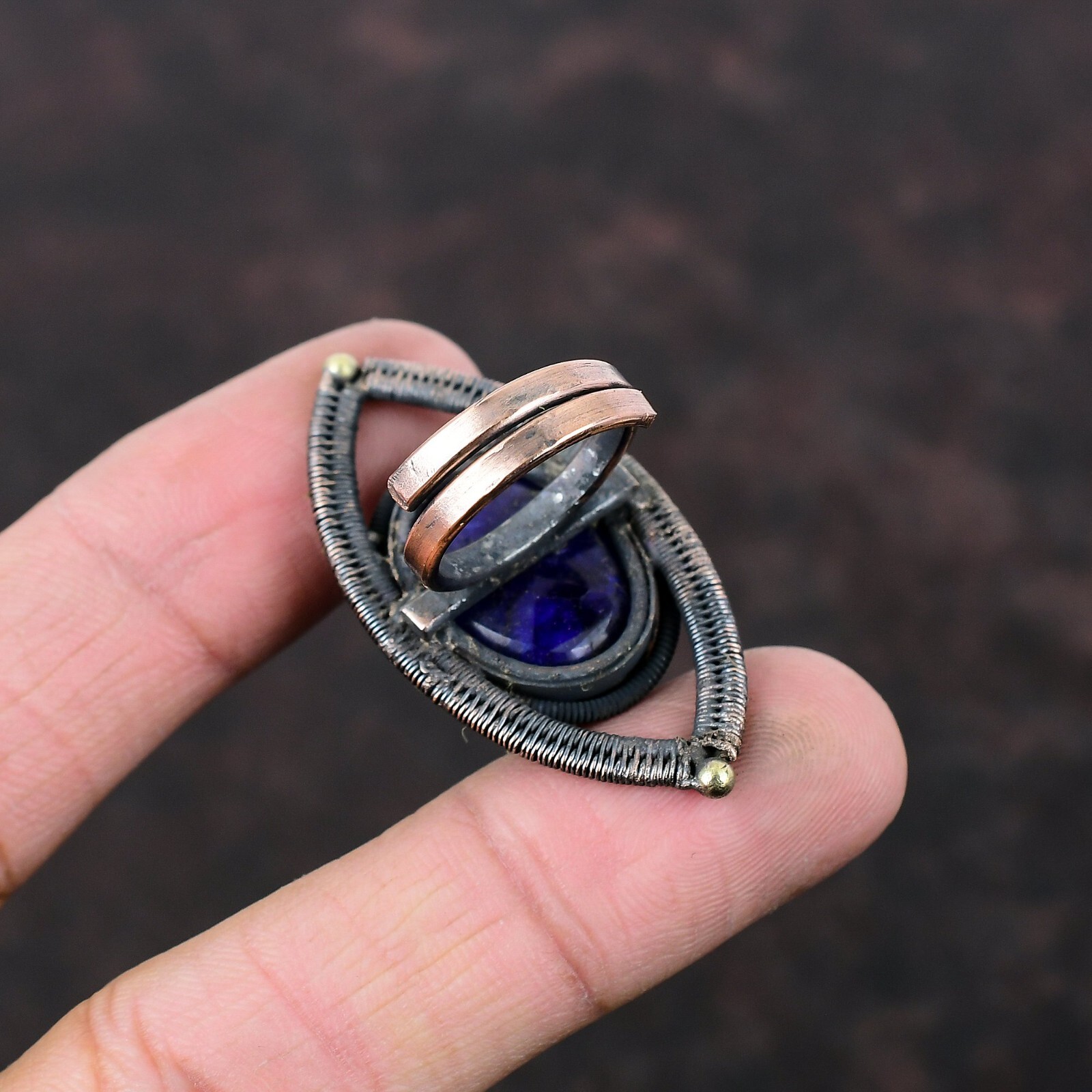 Blue Saphire Copper Mother Gift Wire Wrapped Adjustable Ring Size Adjustable