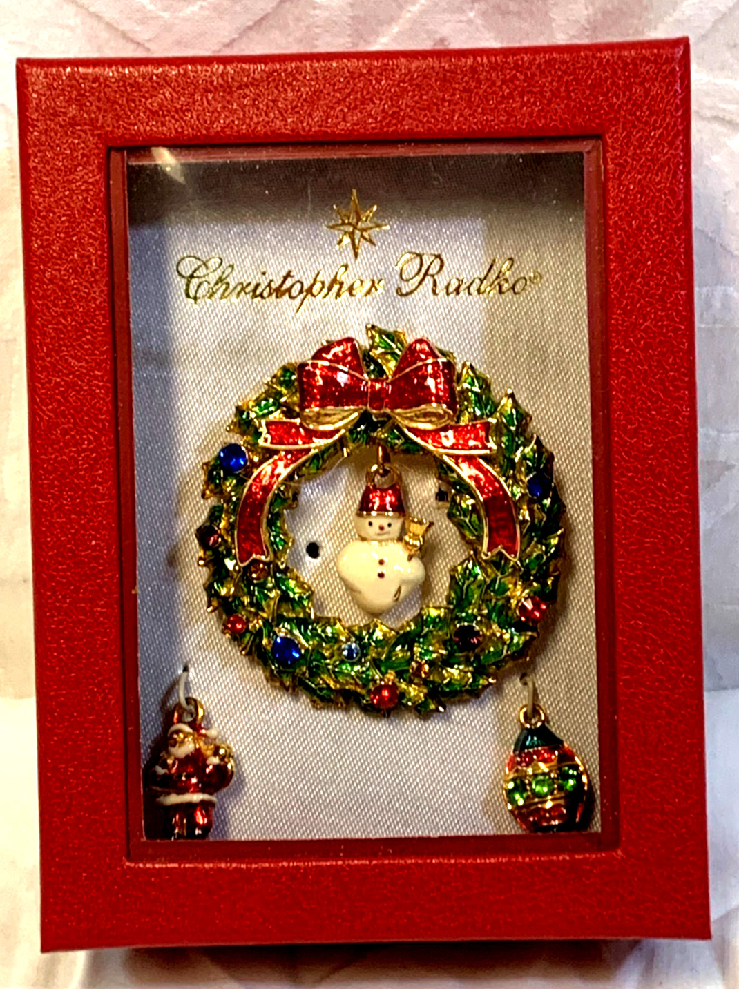 CHRISTOPHER RADKO Christmas Wreath Brooch Pin w/Three Interchangeable Charms