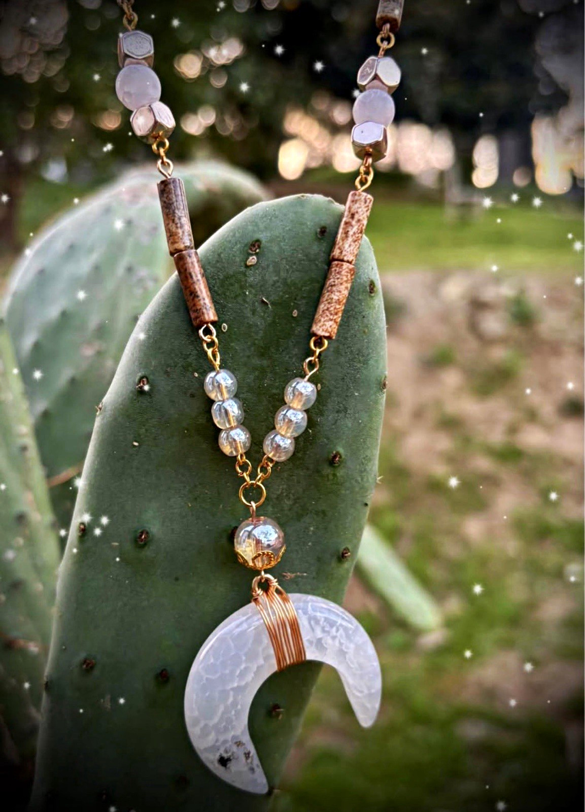 Rise Gold & White Crackle Stone Necklace w/ Crescent Moon Amulet Pendant