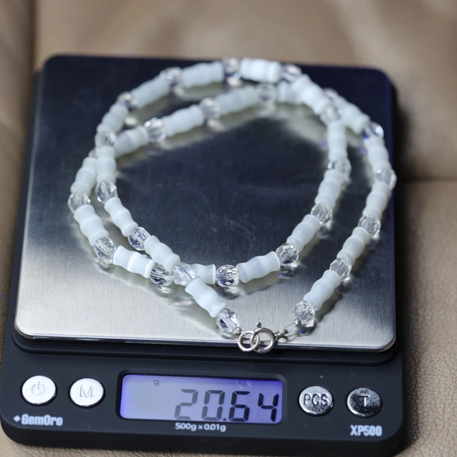 Sterling Silver 925 White Bamboo Stone Faceted Crystal Beaded Necklace 16″ 20g