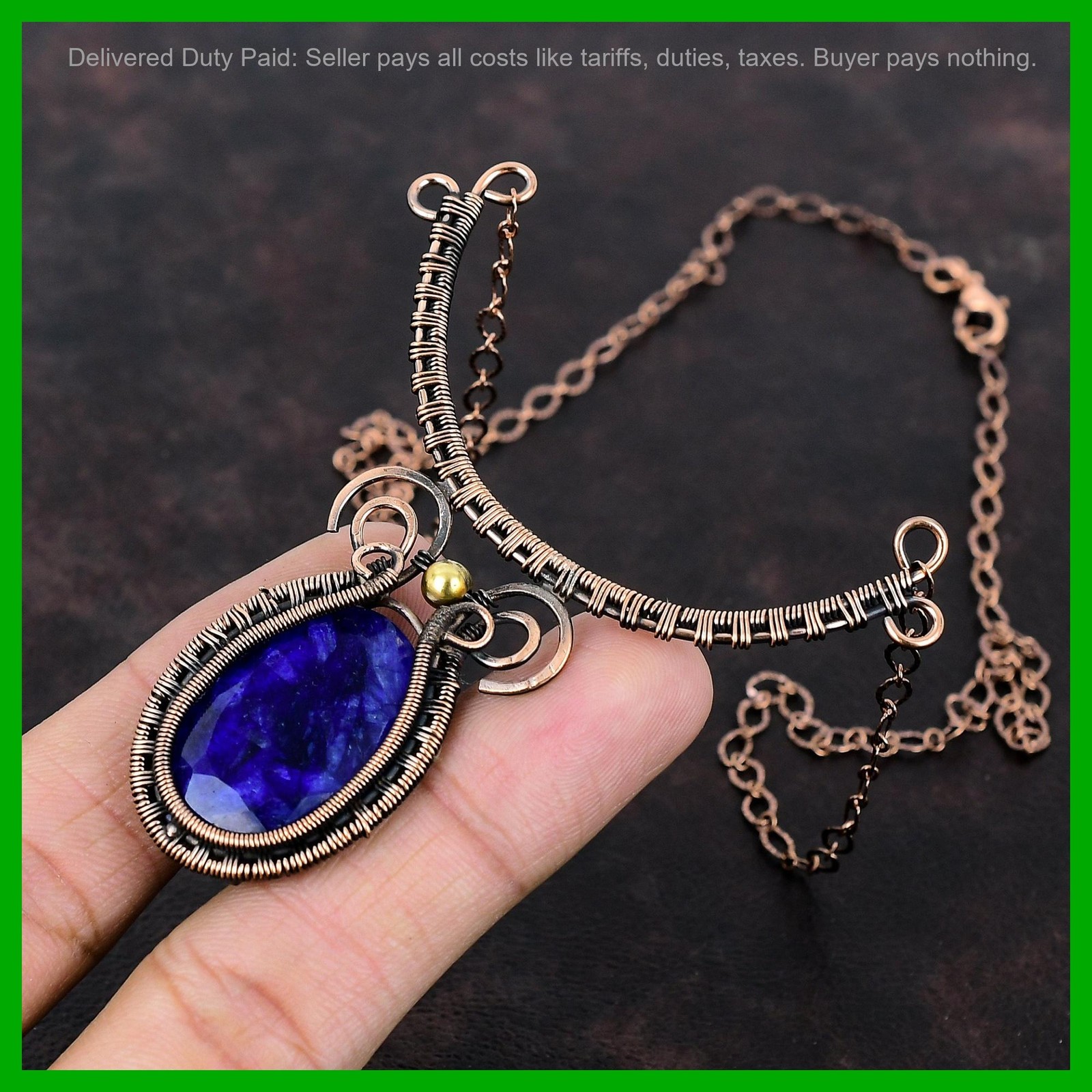 Copper Oval Blue Saphire Gemstone Unique Wire Wrapped Birthday Necklace Jewelry