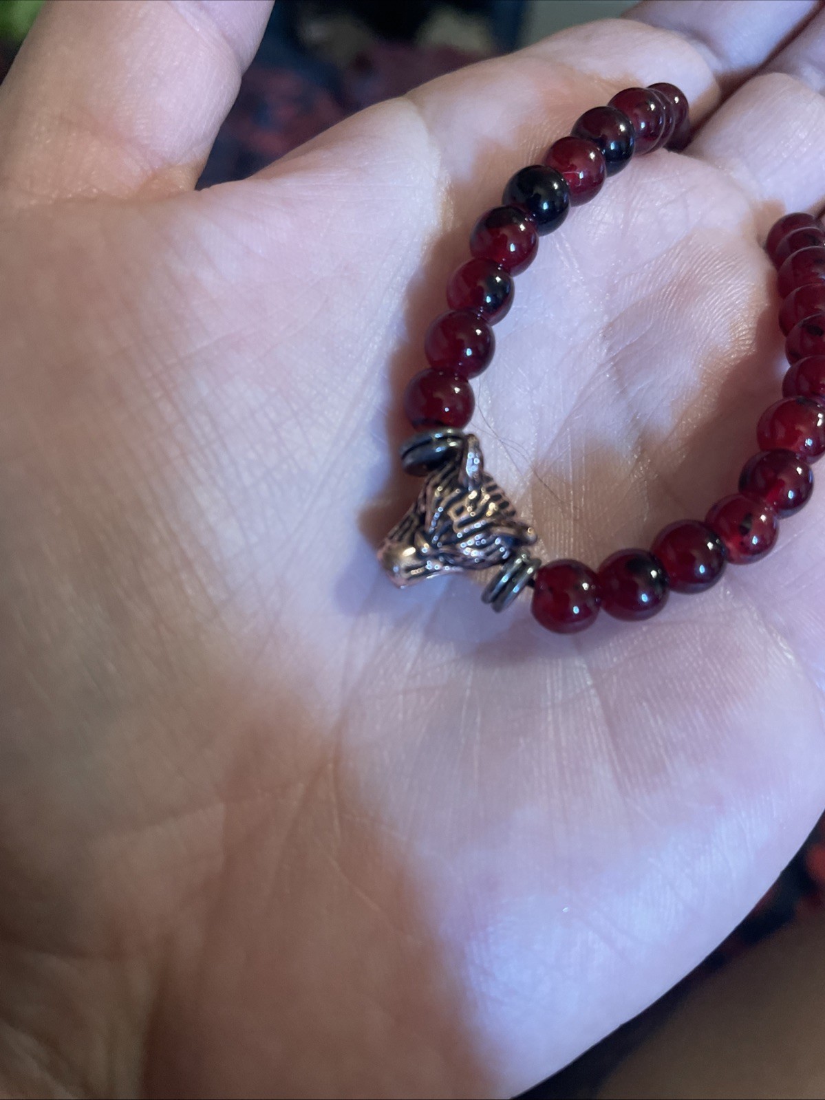 Red Glass Bead Bracelet With Metal Copper Color Wolf Head Charm Adjustable Size