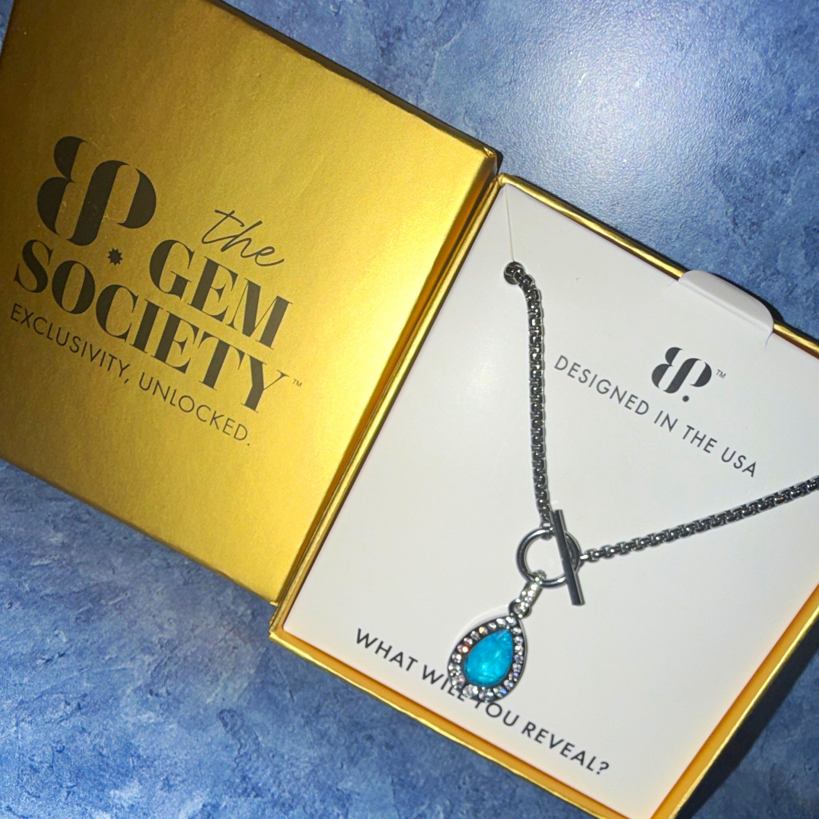 BP Gem Society The Golden Drop Necklace NK32790 Aqua Blue Quartz Adjustable