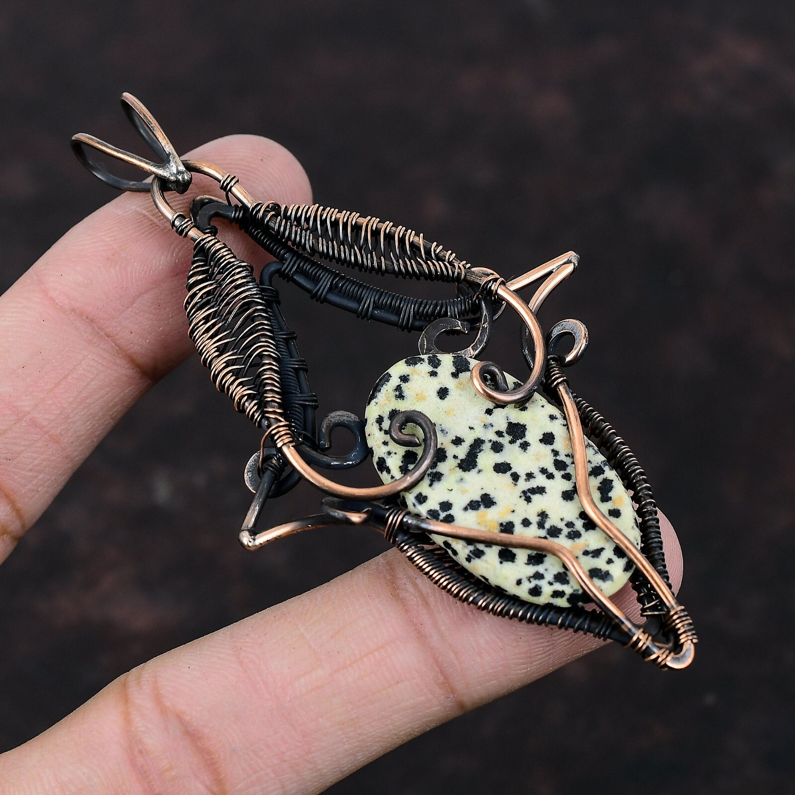 Dalmatian Jasper Gemstone Jewelry Copper Friend Gift Wire Wrapped Pendant 3.58″