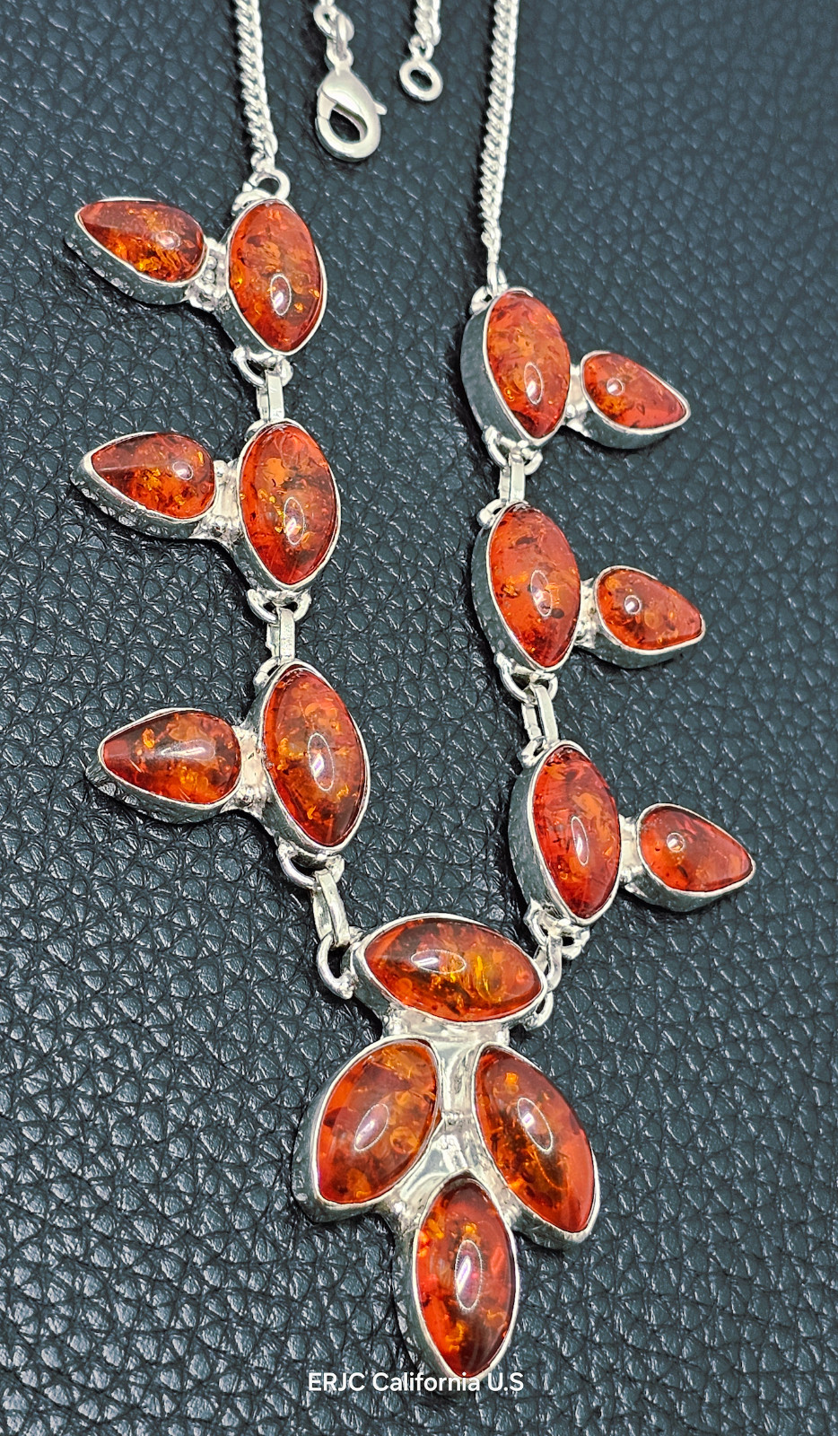 Orange Oval Pear Baltic Amber Artisan Sterling Silver, 925 Necklace 20.5 inch