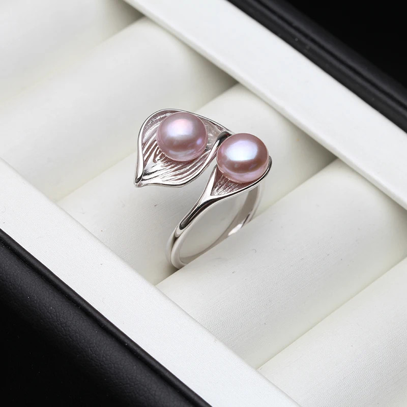 925 Sterling Silver Ring Freshwater Pearl Adjustable Double Band Jewelry