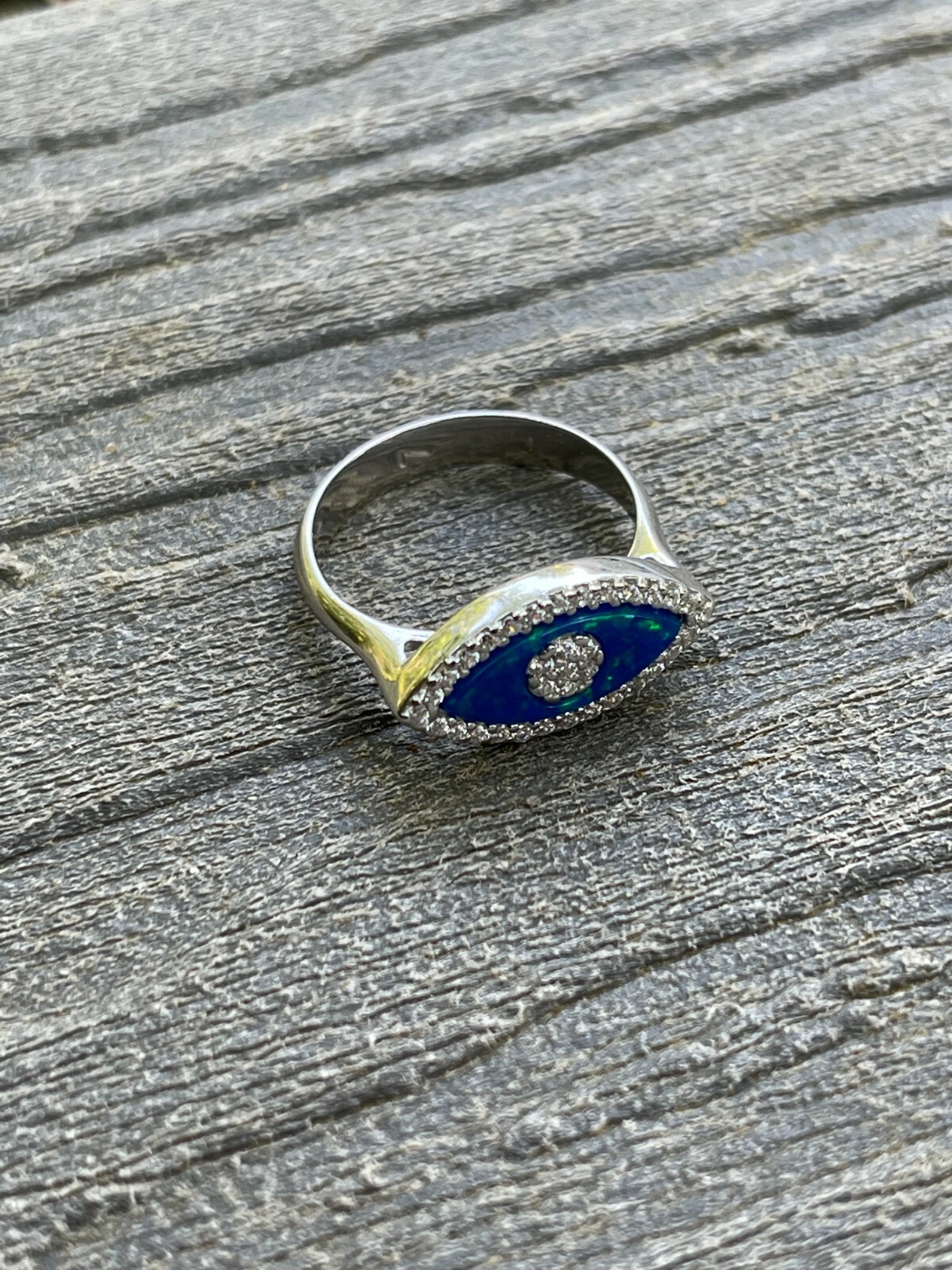 Real 925 Silver Evil Eye Blue Opal CZ Ring Girls Ladies Size 5 6 7 8 9 10