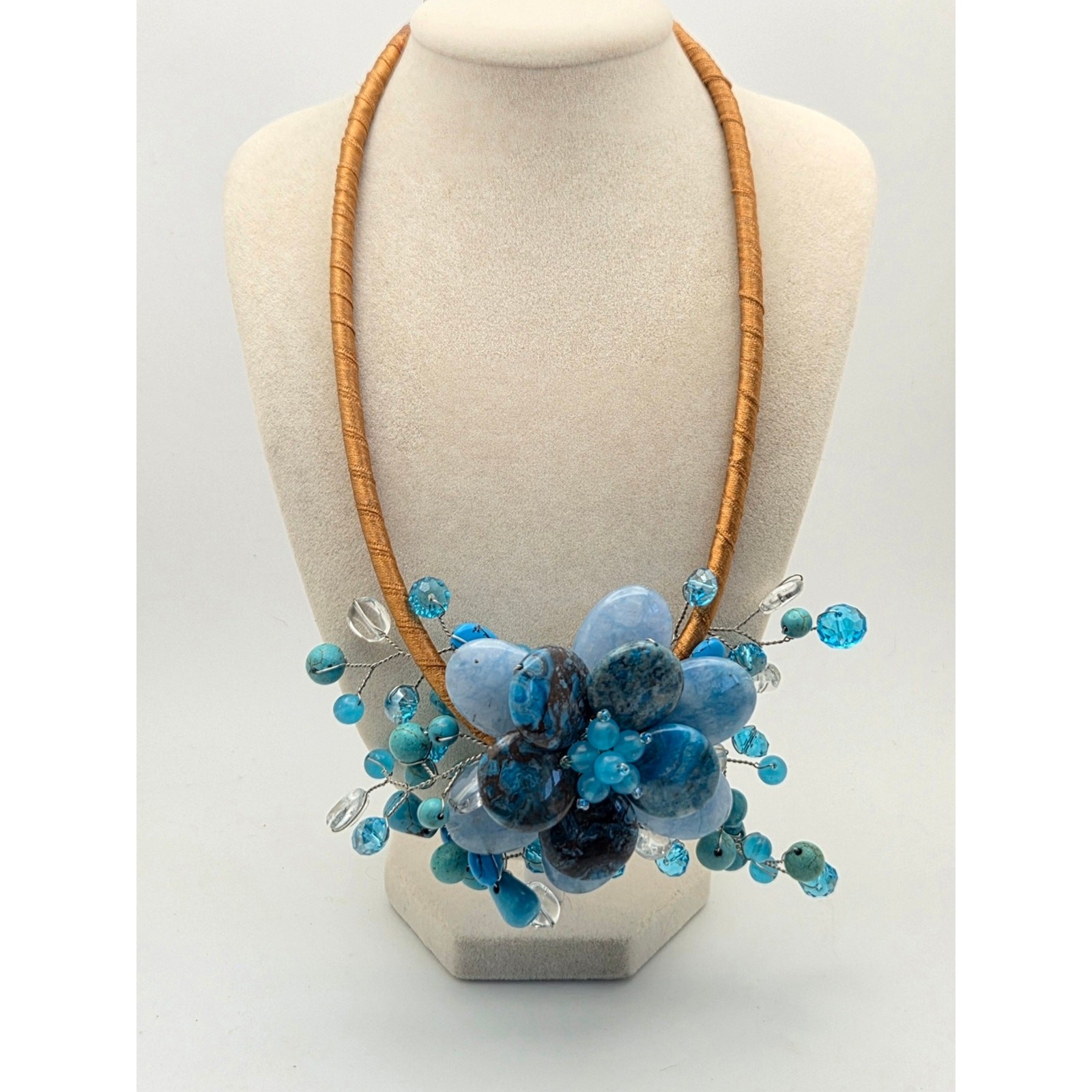 Chunky Blue Stone & Glass Statement Necklace Boho Wire Wrapped 18″