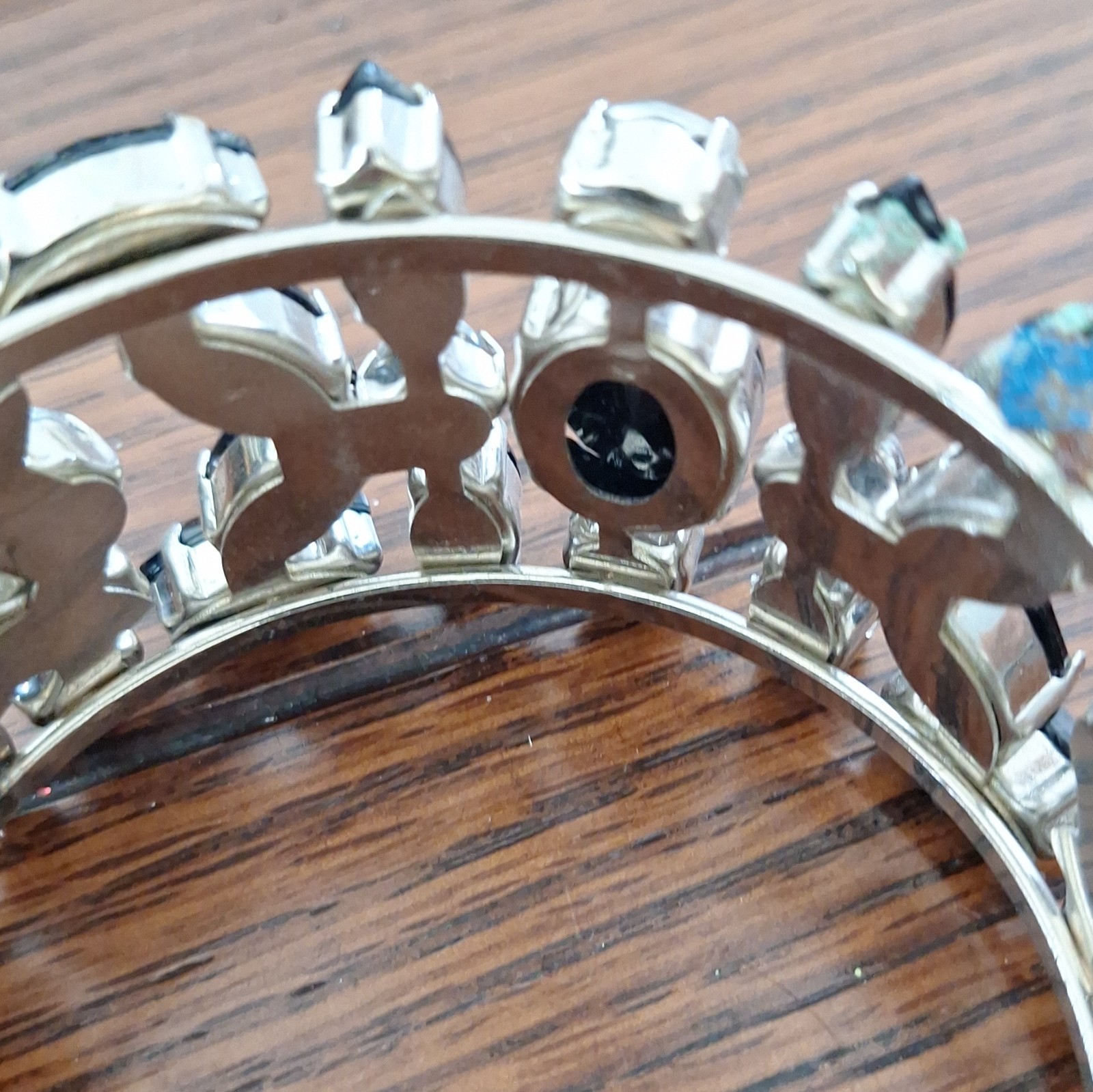 Vintage Black & Clear Rhinestone Silver-Tone Wide Cuff Bangle Bracelet.