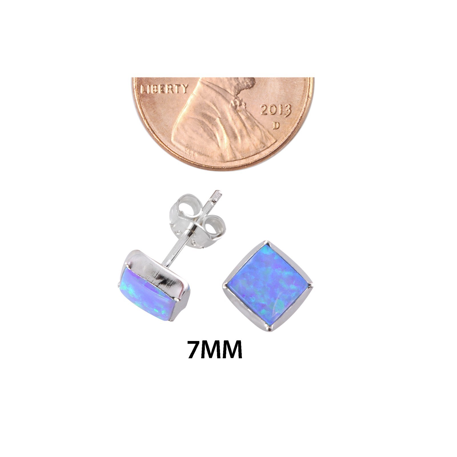 Sterling Silver 7mm Square Opal Gemstone Stud Earrings Periwinkle Green