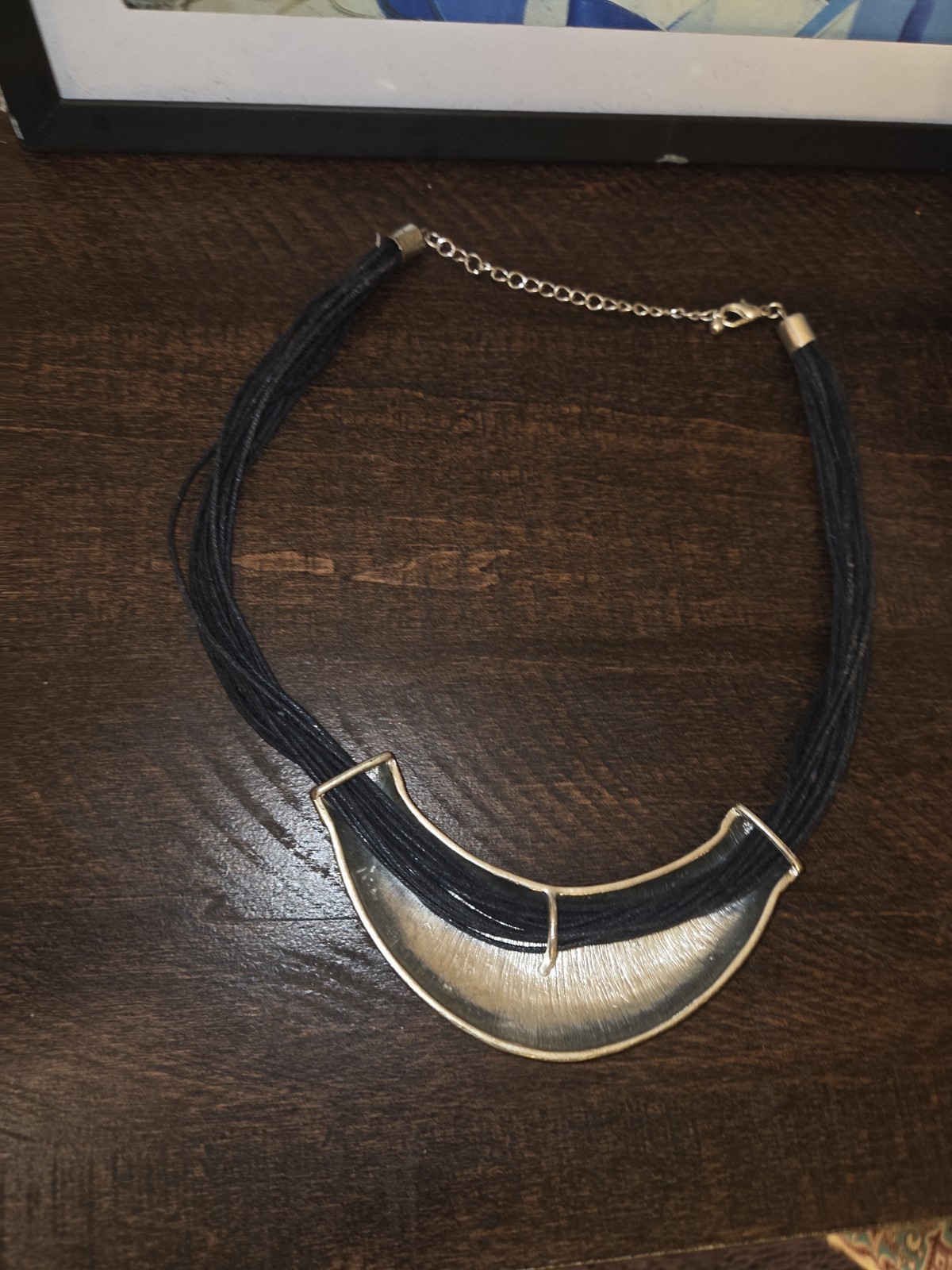 Sliver-Tone Statement Collar Necklace Black Cord Crescent Pendant Lobster Clasp